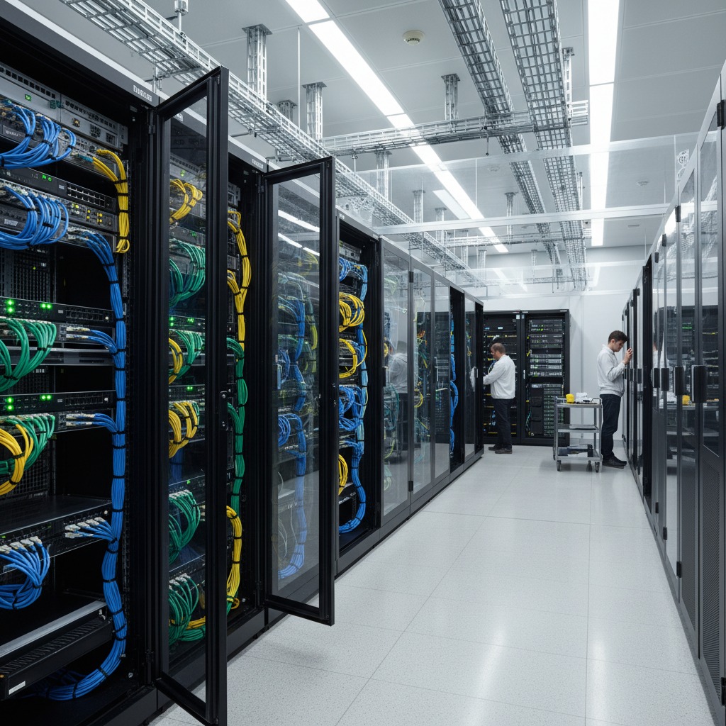 Dois técnicos trabalham em um corredor amplo e iluminado de um data center com fileiras de racks de servidores e cabos coloridos expostos.