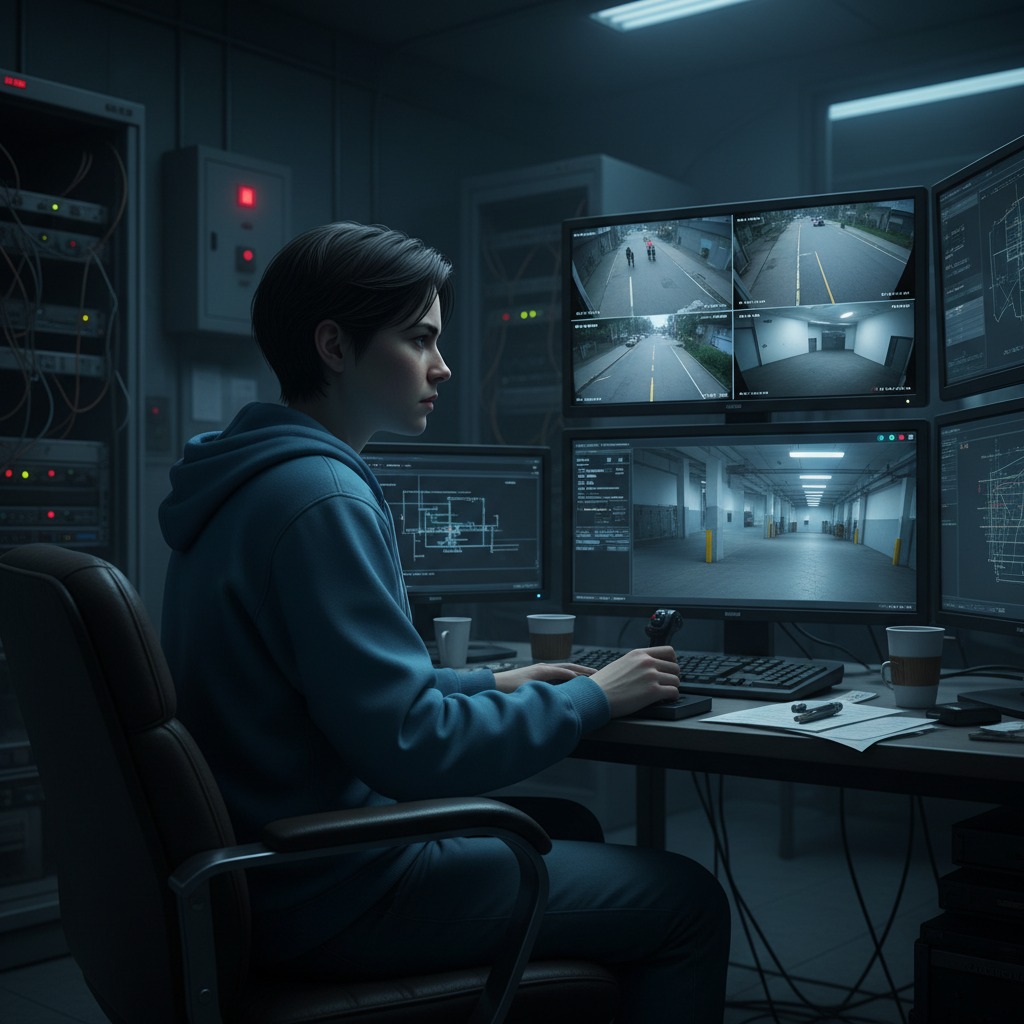 Uma pessoa com moletom azul sentado em uma sala de segurança escura operando vários monitores de computadores com imagens de câmeras de vigilância.
